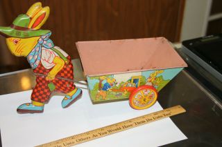Vintage J.  Chein Tin Litho Rabbit And Cart Pull Toy Great Litho Jsh