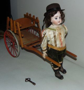 Antique Key Wind Up Jumeau Doll & Cart Clockwork Roullet Et Decamps French