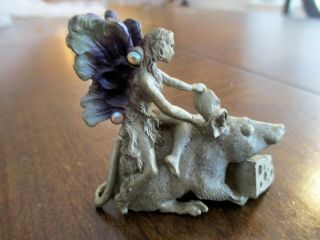 Vintage 1993 Pewter Fairy Figurine Purple Wings Riding Mouse With Cheese 4449
