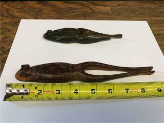 Antique Folk Art Hand Carved Wooden Spearing Decoys 2 Frogs Paint Lure