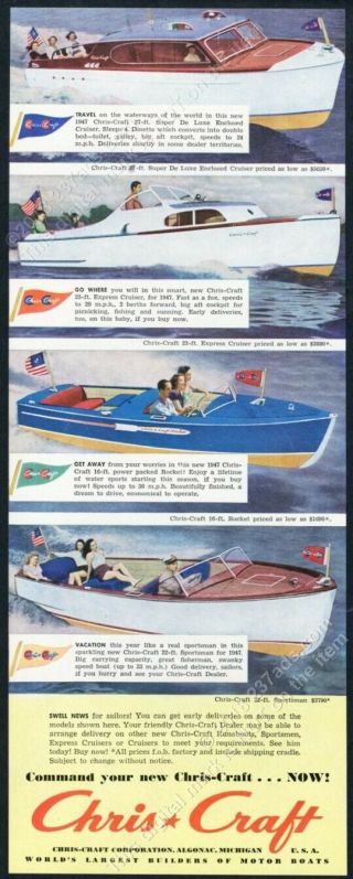1947 Chris Craft Boat 4 Models Photo Rocket Cruiser Etc Vintage Print Ad 1