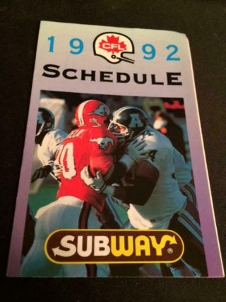 1992 Cfl Canadian Football League Pocket Schedule Subway Version