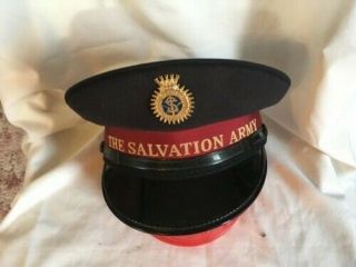 Vintage Salvation Army Peaked Cap Hat Blood & Fire Badge Emblem Uniform Red Band
