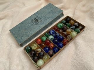 Rare 1930s - 1940s Antique Akro Agate Marble Box Set Box