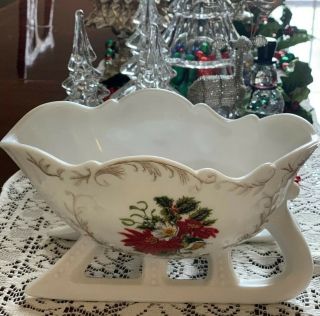 Vintage Marked Westmoreland Hand Painted Poinsettia Milk Glass Sleigh Sled