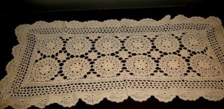 Antique Vintage Hand Crocheted Lace Table Runner Ecru Floral 33 " Long X 16 " Wide