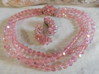 Vintage Laguna Pink Aurora Borealis Crystal Beaded Earrings And Bib Necklace Set