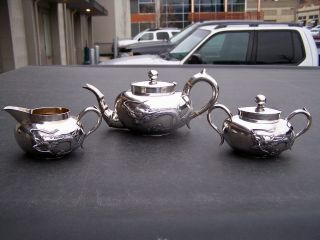 C1900 Chinese Export Solid Embossed Silver Dragon Tea Set By Wing Nam Hong Kong