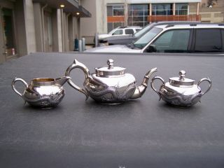 c1900 Chinese Export Solid embossed Silver Dragon tea Set By Wing Nam Hong Kong 3