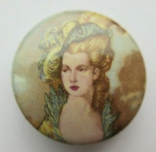 Antique Vtg Porcelain Transfer Picture Button Victorian Woman (a)