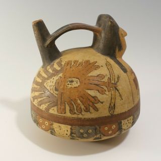 Pre - Columbian Style Nazca Polychrome Snake God Spouted Pottery Vessel Whistle 2