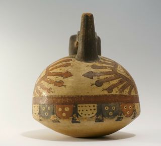 Pre - Columbian Style Nazca Polychrome Snake God Spouted Pottery Vessel Whistle 3