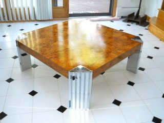 Milo Baughman Chrome And Burl Olive Wood Coffee Table Mid Century Modern