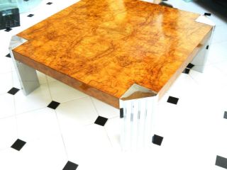 Milo Baughman Chrome and Burl Olive wood Coffee Table Mid Century Modern 3