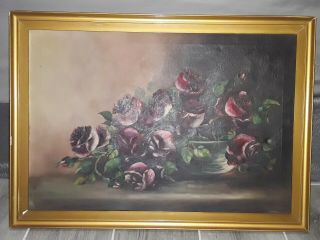 Antique Red Rose Painting On Canvas By Laurie