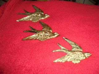 1930s Vintage Lovely Set Of 3 Solid Brass Swallows (wall Art) Very