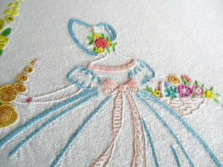 Vintage Tablecloth Hand Embroidered Crinoline Ladies/holyhocks
