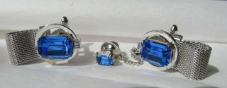 Awesome Vintage Mid Century Large Cufflinks Tie Tack Silver Tone Blue Stone Wrap