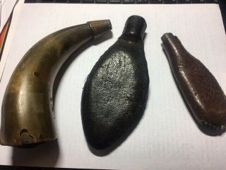 Vintage Antique Muzzle Loading Black Powder Horn & Leather Flasks