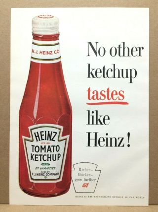 Vintage 1960 No Other Ketchup Tastes Like Heinz Tomato Red Bottle Print Ad 11 "