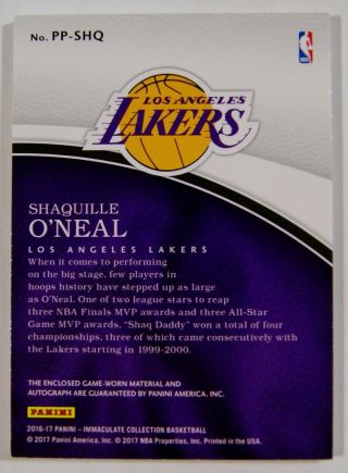 2016 - 17 Shaquille O ' Neal Panini Immaculate Premium Patch Auto /33 SP Lakers 2