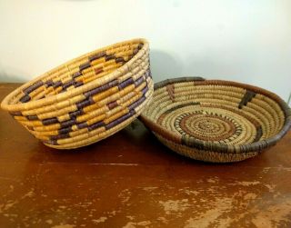 2 Coiled Woven Wicker Rattan Round Baskets Bowls Vintage