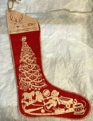 Antique Vintage Stenciled Felt Christmas Stocking Christmas Tree Toys Reindeer