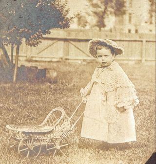 Vintage Old 1905 Photo Of Little Girl Isabelle Warner Hardie With Doll Stroller