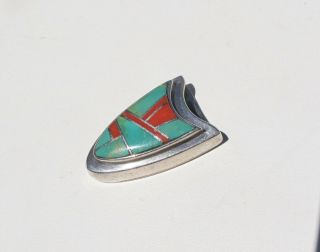 Vintage Zuni Inlay Sterling Silver Belt Tip W/ Royston Turquoise & Coral
