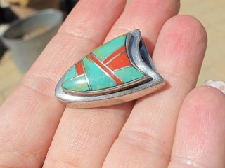 Vintage Zuni Inlay Sterling Silver Belt Tip w/ Royston Turquoise & Coral 2