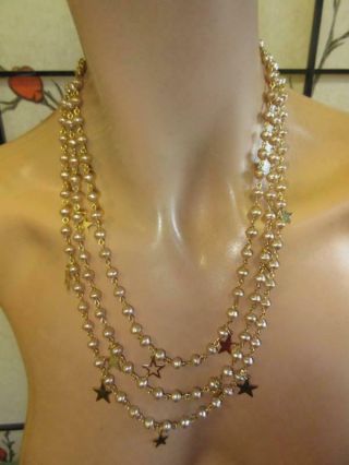 Vtg Kirks Folly 3 Strand Pink Pearl Chain Dress Necklace Gold Star Dangle Charms