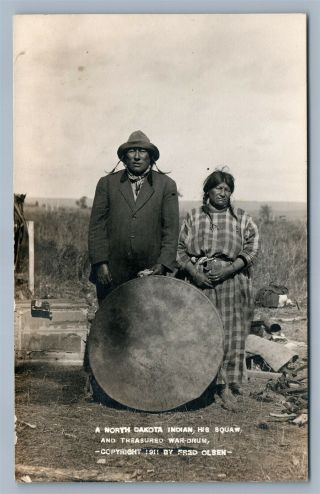 American North Dakota Ndian W/ War Drum Antique Real Photo Postcard Rppc