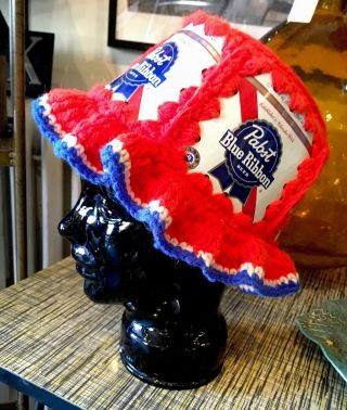Vintage 70s Pabst Blue Ribbon Beer Can Bucket Hat Crochet Retro Hipster