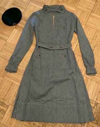 Vintage 1930’s Girl Scouts Covert Cloth Uniform Dress,  Hat Kover Zip Gsa
