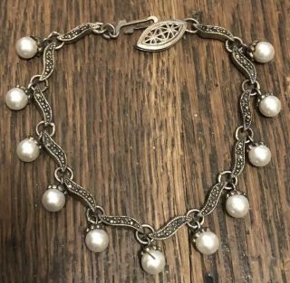 Vintage Pearls Marcasite 925 Sterling Silver Link Bracelet 13.  8gr 7”