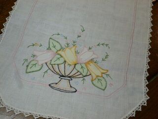 Vintage Hand Embroidered Applique Linen Table Runner - Flower Baskets 42 X 16 "