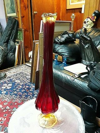 Viking Vintage Art - Glass Ox Blood Red & Amber 15 1/4 " Swung Pedal Bud Vase