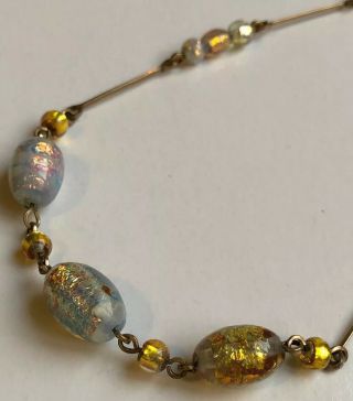 Vintage Art Deco Murano Venetian Foil Glass Necklace Opal Effect Rolled Gold 17”