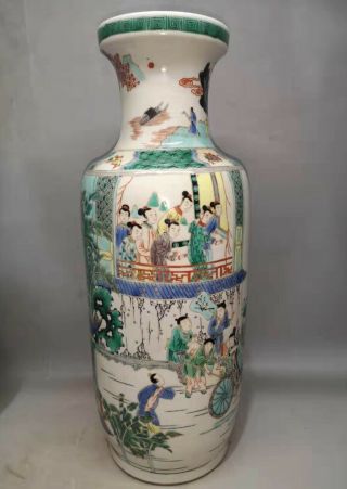 Chinese Antique Qing Dynasty Famille Verte Wucai Figure Kangxi Mark Vase