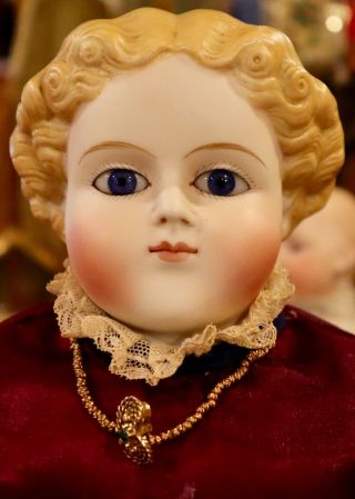 17 " Antique German Bisque Doll W/blond Sculpted Hair W/glass Eyes & Great Outfit