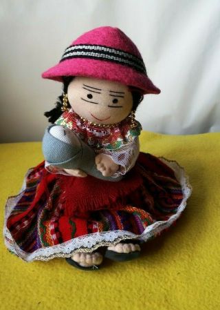 Handmade Peruvian Doll Girl With Baby And Braids Textile Fabric Doll Vintage
