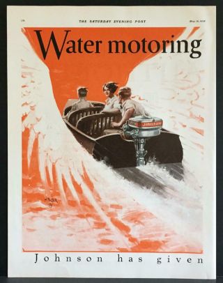 1928 Johnson Outboard Motors Speed Boat H Foster Art Vintage Print Ad