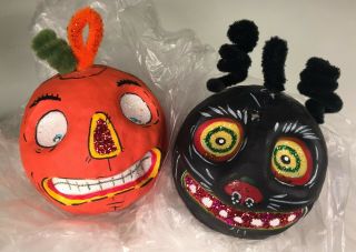2 Vintage Primitive Style Halloween Ornaments Cat Pumpkin