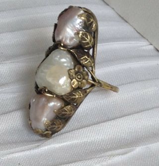 Antique Arts & Crafts Baroque Pearls Ring,  14k Gold Leaves And Flowers.