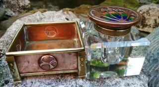 Glasgow School Art Nouveau Copper Brass Enamel Jugendstil Glass Inkwell 2