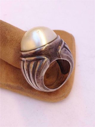 Large Vintage Signed Sterling Silver & Faux Pearl Statement Ring - Size 5 - 1/2