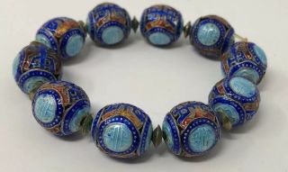 Antique Vintage Ornate Chinese Silver Export Enamel Longevity Bead Bracelet