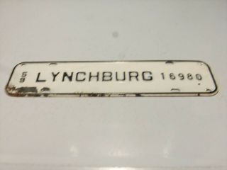 Vintage 1959 Lynchburg Virginia Va 16980 License Plate Tag Topper