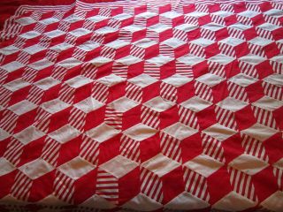 Vintage Quilt Top Large King 110 " X103 " Red White Cube Pattern Mcm 40 