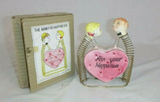 Vtg Mid Century Relco Bank For Happiness Ceramic Couple Kissers On Springs Japan